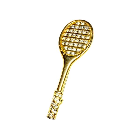 Gold Tone Rhinestone Tennis Racket Brooch Pin Sparkly Sports Jewelry Gift - Picture 1 of 16